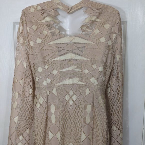 Free People Ivory Beige Deco Lace Cutout Eyelash Hem Bell Sleeve Mini Dress - 8* - Picture 10 of 15
